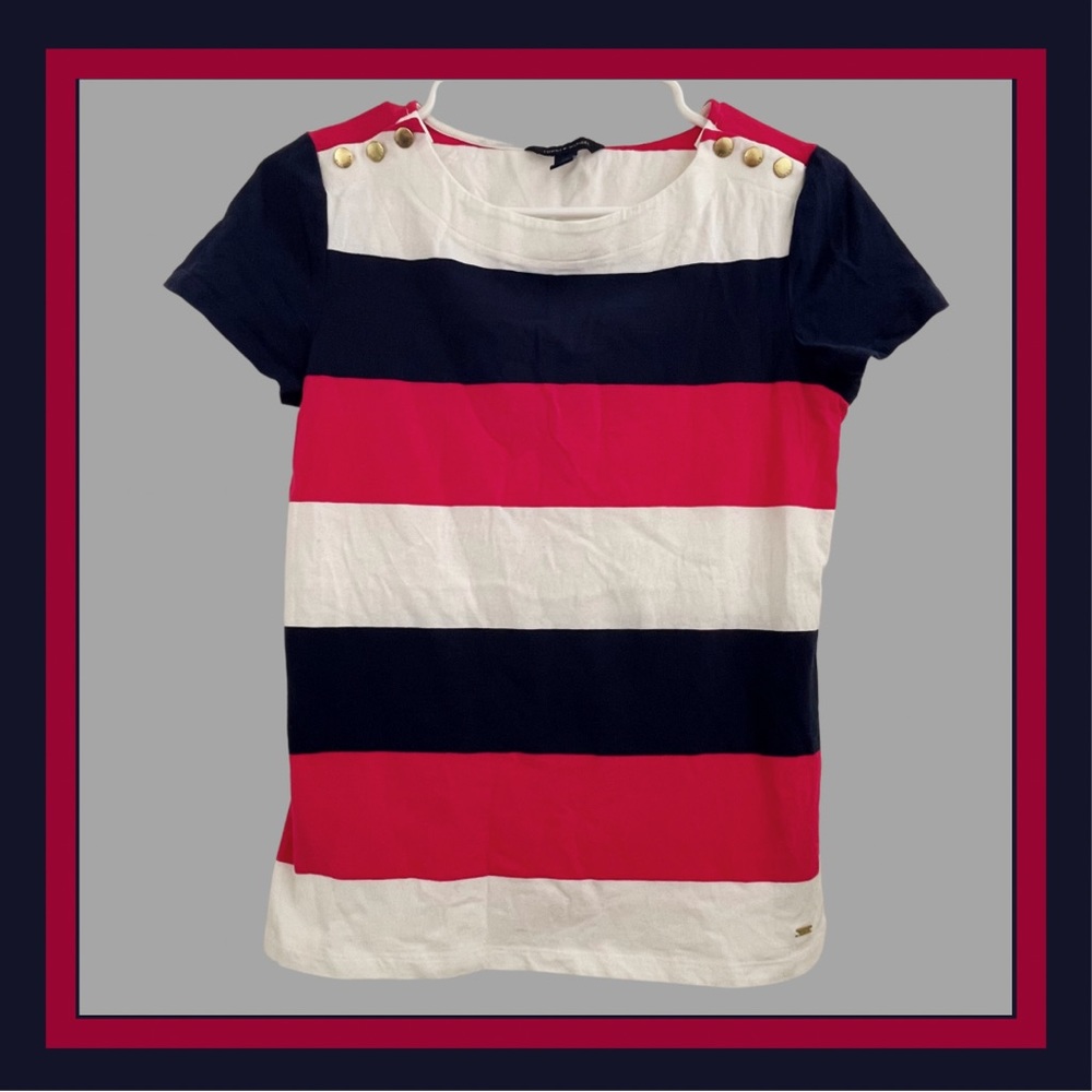 Tommy Hilfiger Women’s Navy Blue, Pink, & White Top Size Small